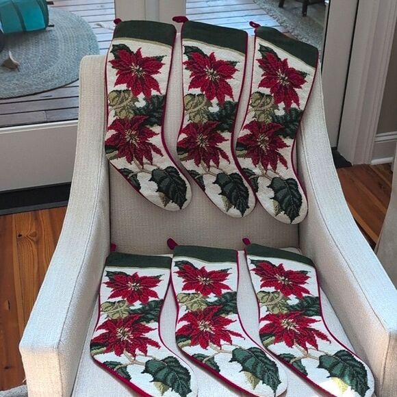 Vintage Wool Needlepoint Poinsettia Christmas Stocking Red Velvet Cotton Backing - Picture 10 of 10